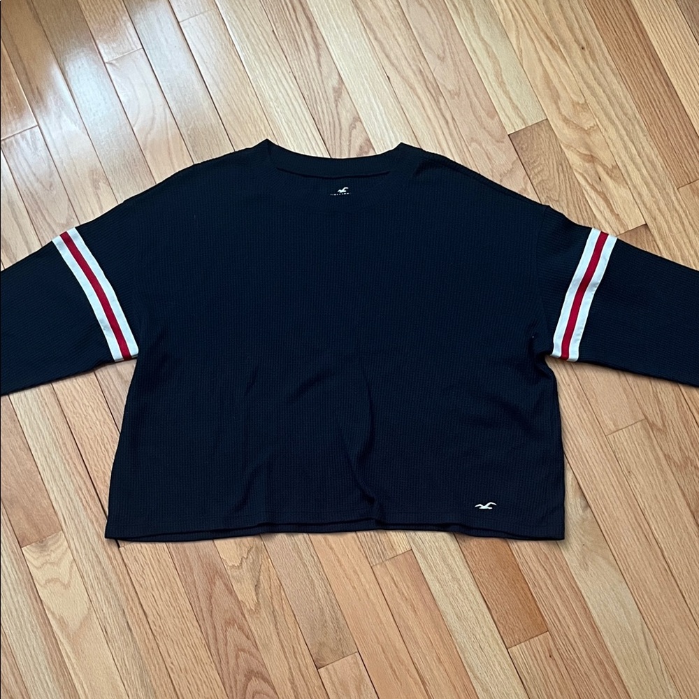 Hollister Black Crew Neck Sweater with Red and White Stripes